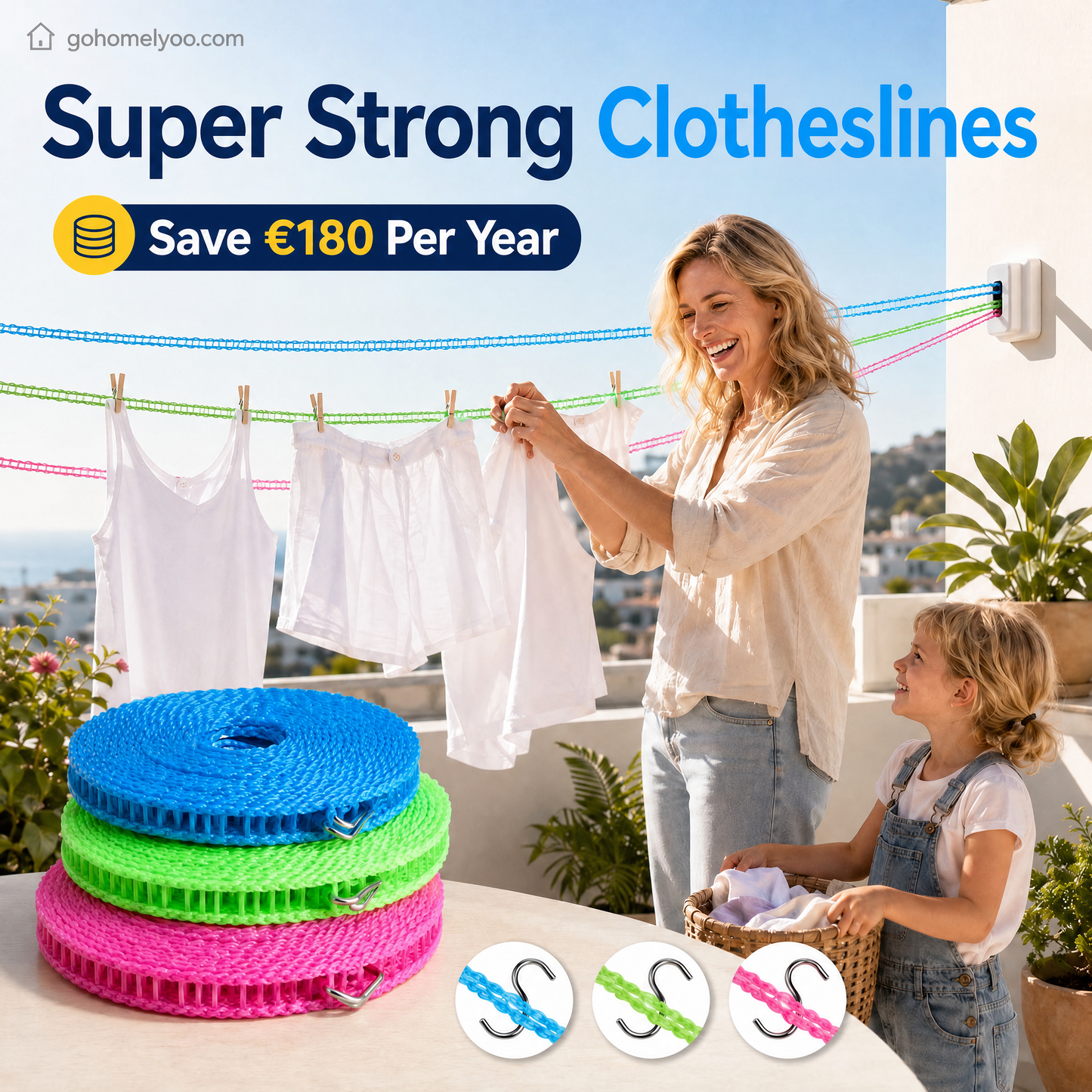 💥 2 zum Preis von 1 🔗 Winddichte, rutschfeste Wäscheleine 👕 Schluss mit dem Wäschechaos bei Wind 🌬️