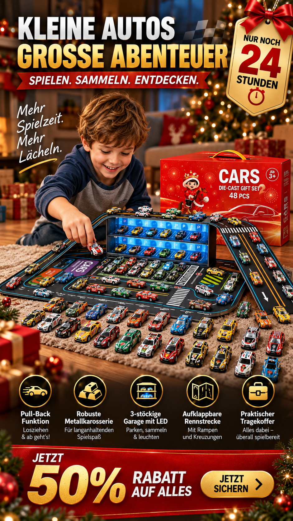 Faltbare Spielzeugauto-Garage mit 48 Rückziehautos-Gcom
